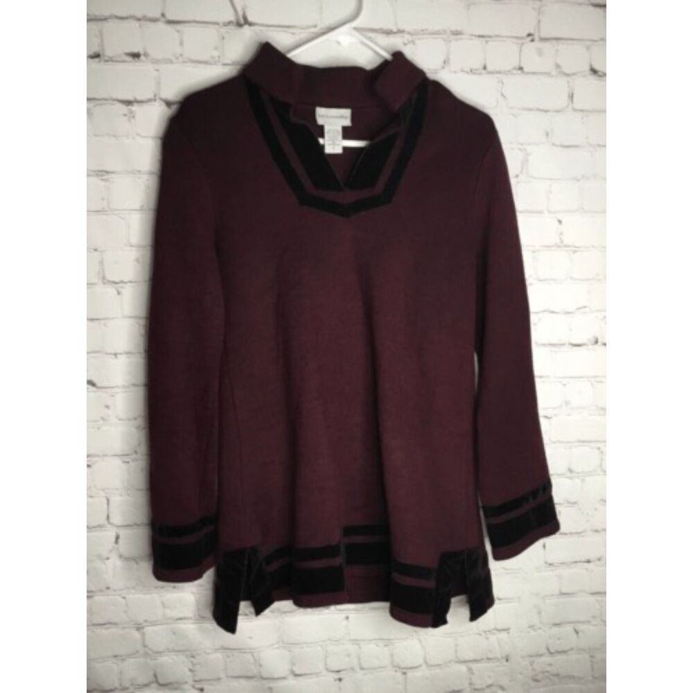 Soft Surroundings Women's Size S Burgundy Wool Blend Velvet Trim Tunic Sweater